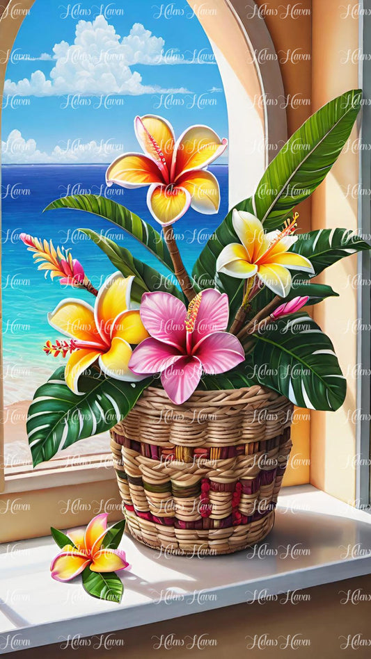Arch window tropical flower arrangement in a basket and the ocean