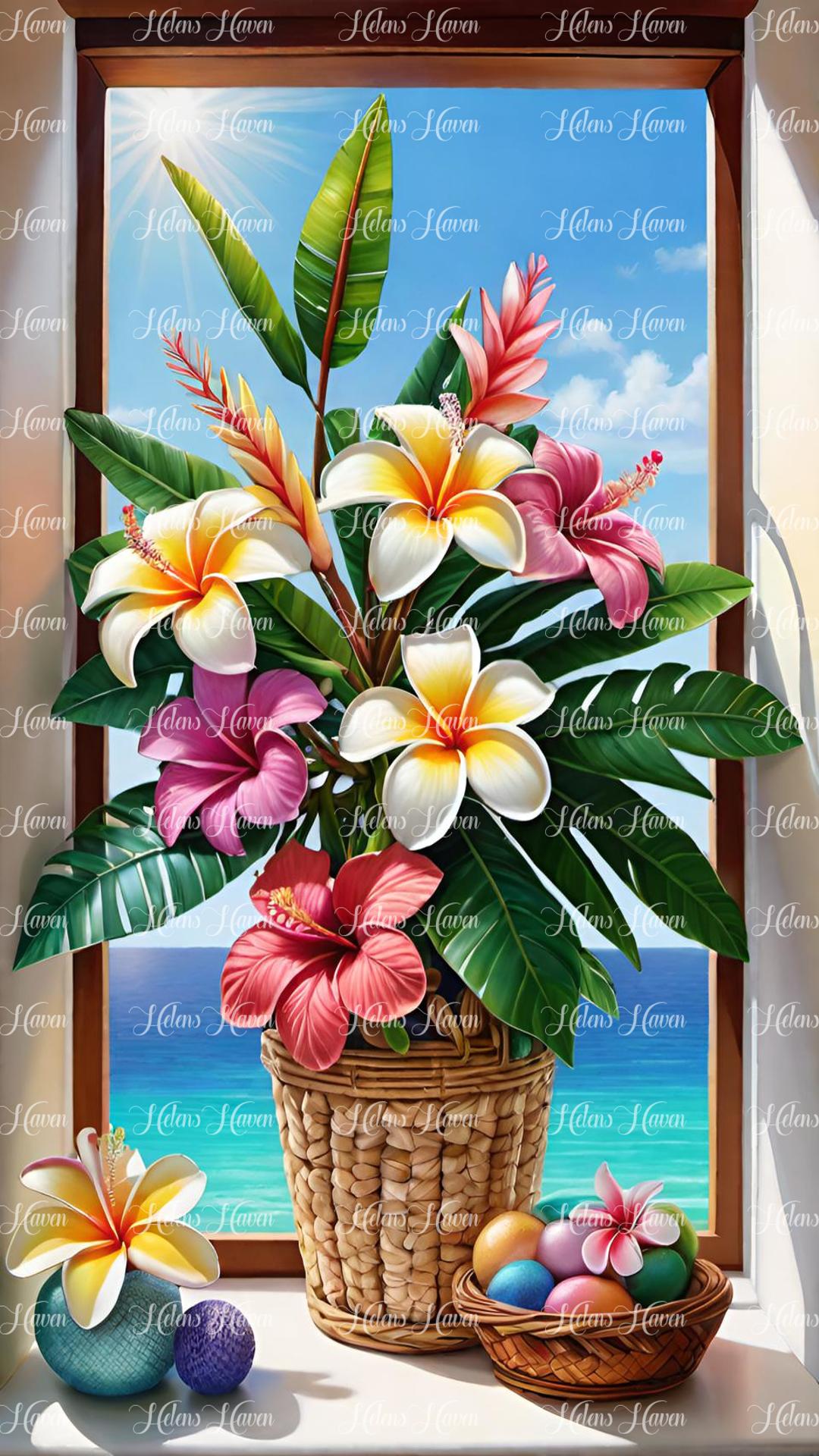 Brown window frame with tropical flowers in basket