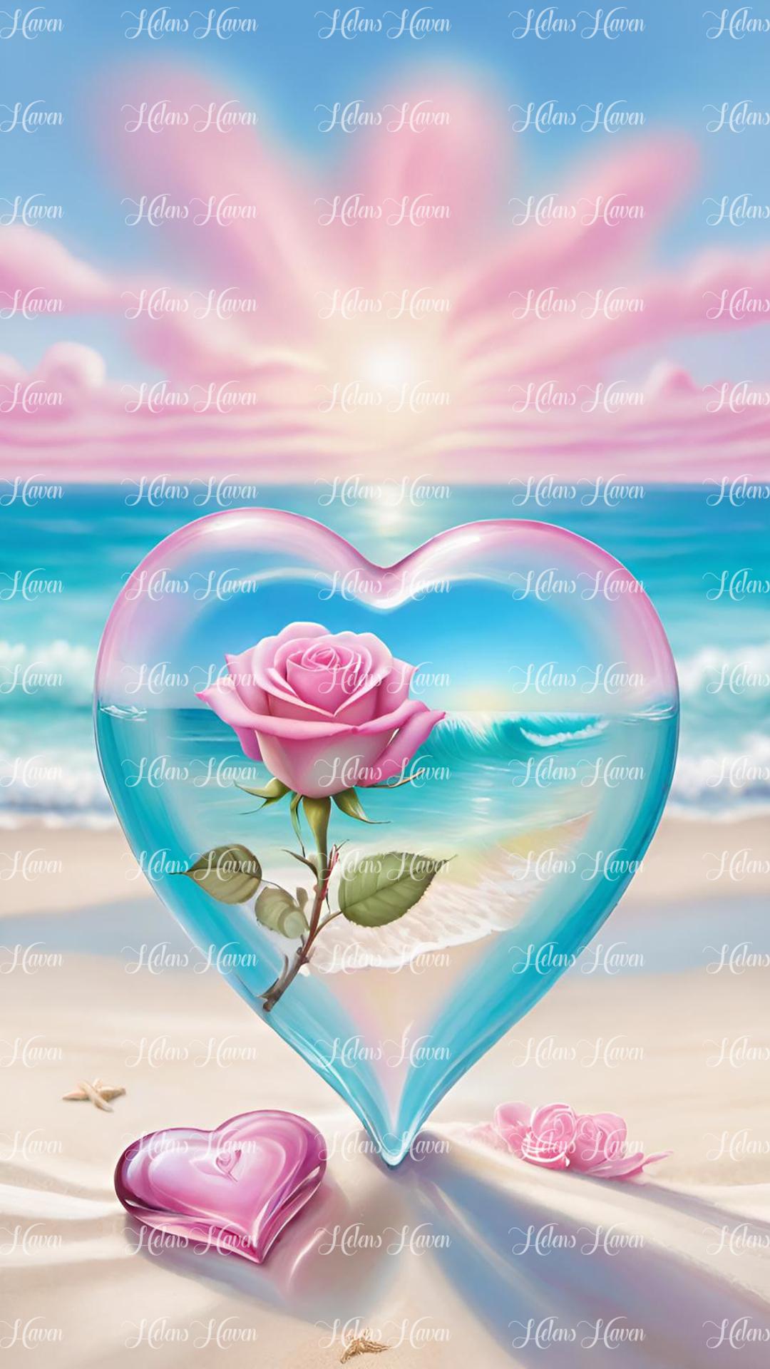 Glass heart with pink rose on the beach