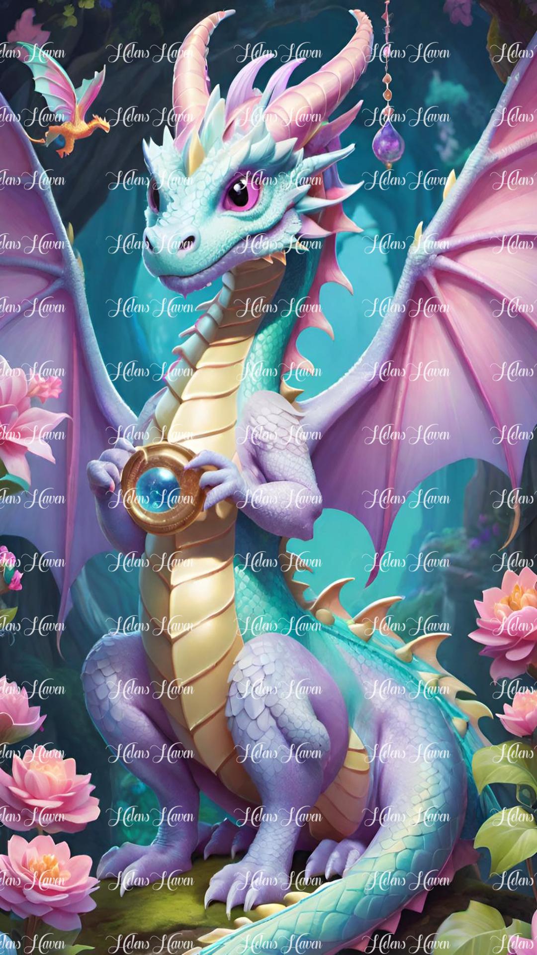 Pastel dragon in floral forest