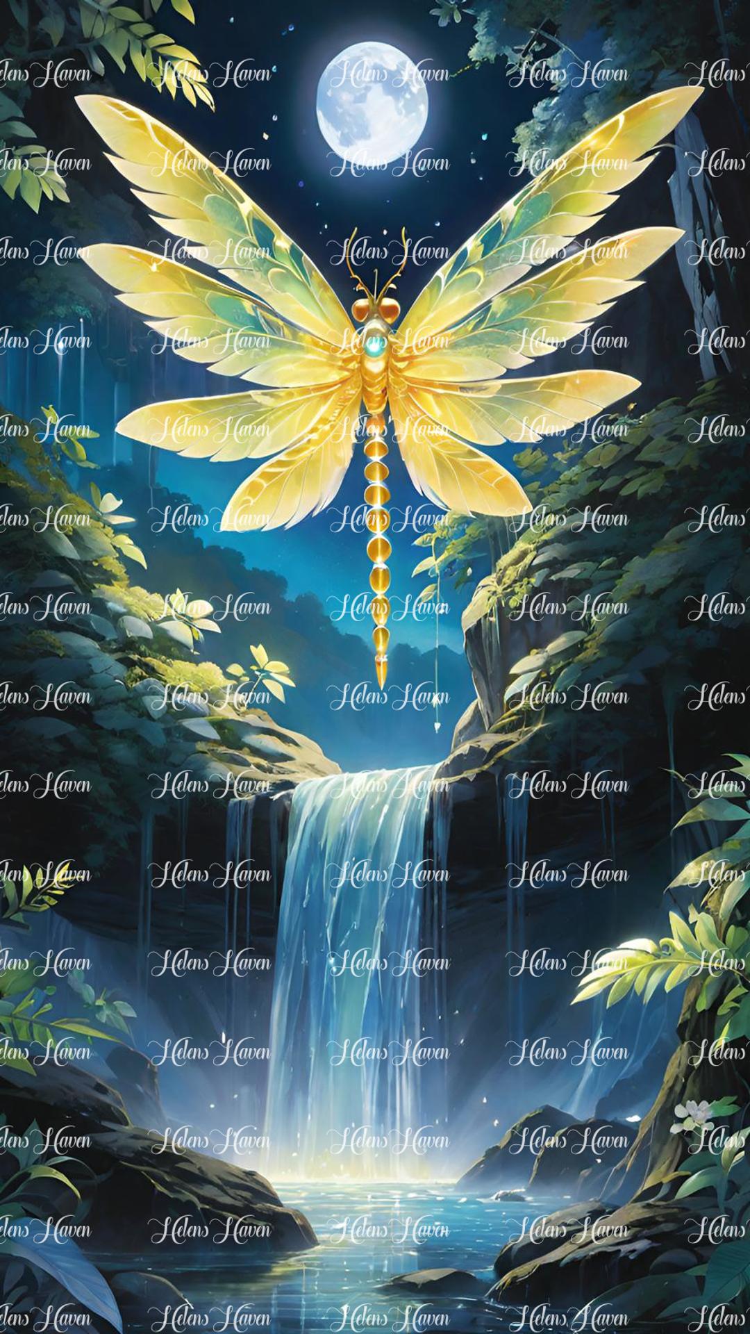 Enchanted waterfall with dragonfly creature