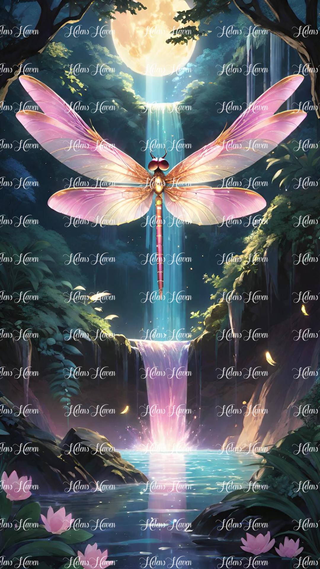 Pink dragonfly at moonlight