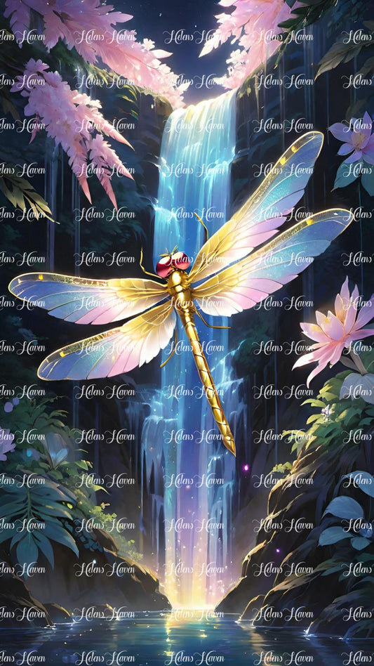 Pretty dragonfly at waterfall