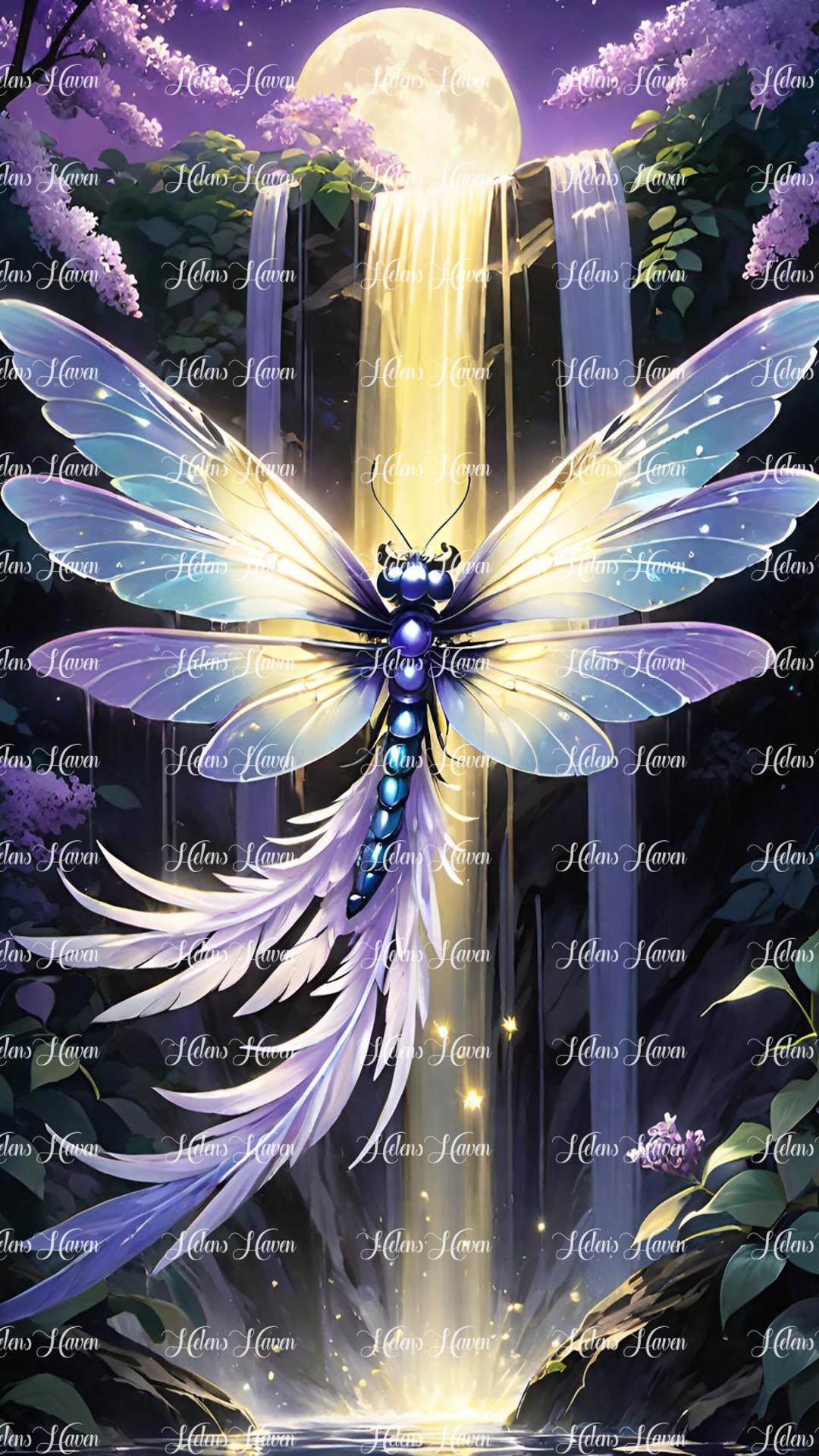 Lilac, purple and yellow Dragonfly creature in the moonlight