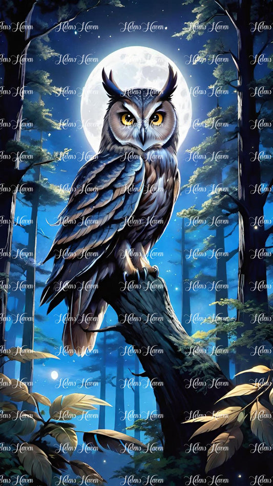 Owl in the moonlight on a tree stump