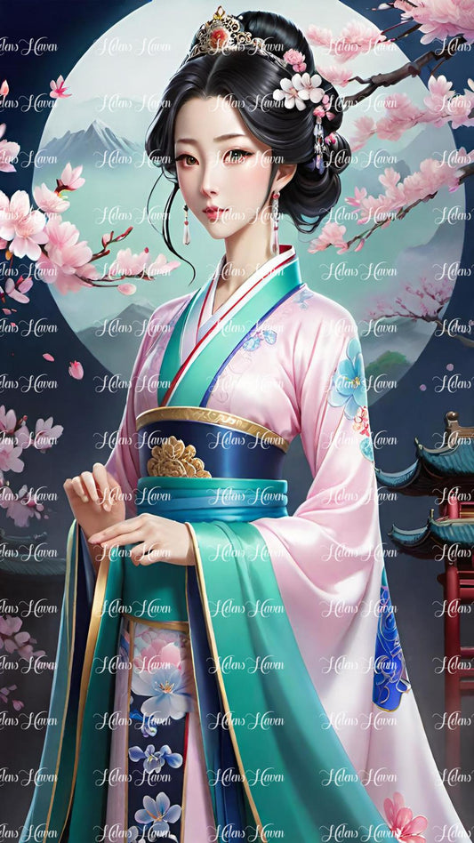 Pretty geisha in pink and teal in the moonlight