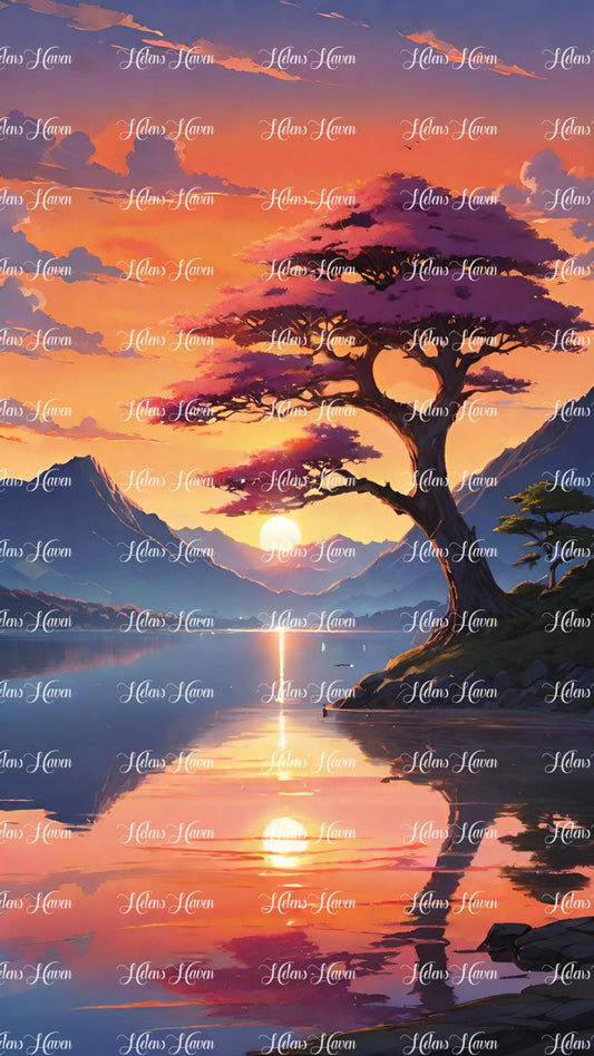 Japanese sunset tree reflection