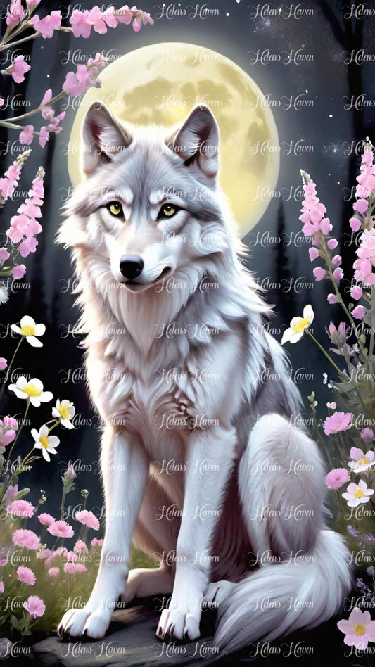 Grey wolf amid flowers under a full moon at night