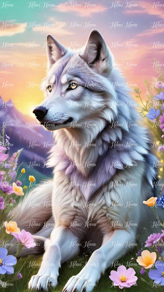 Grey wolf amid flowers and a sunset