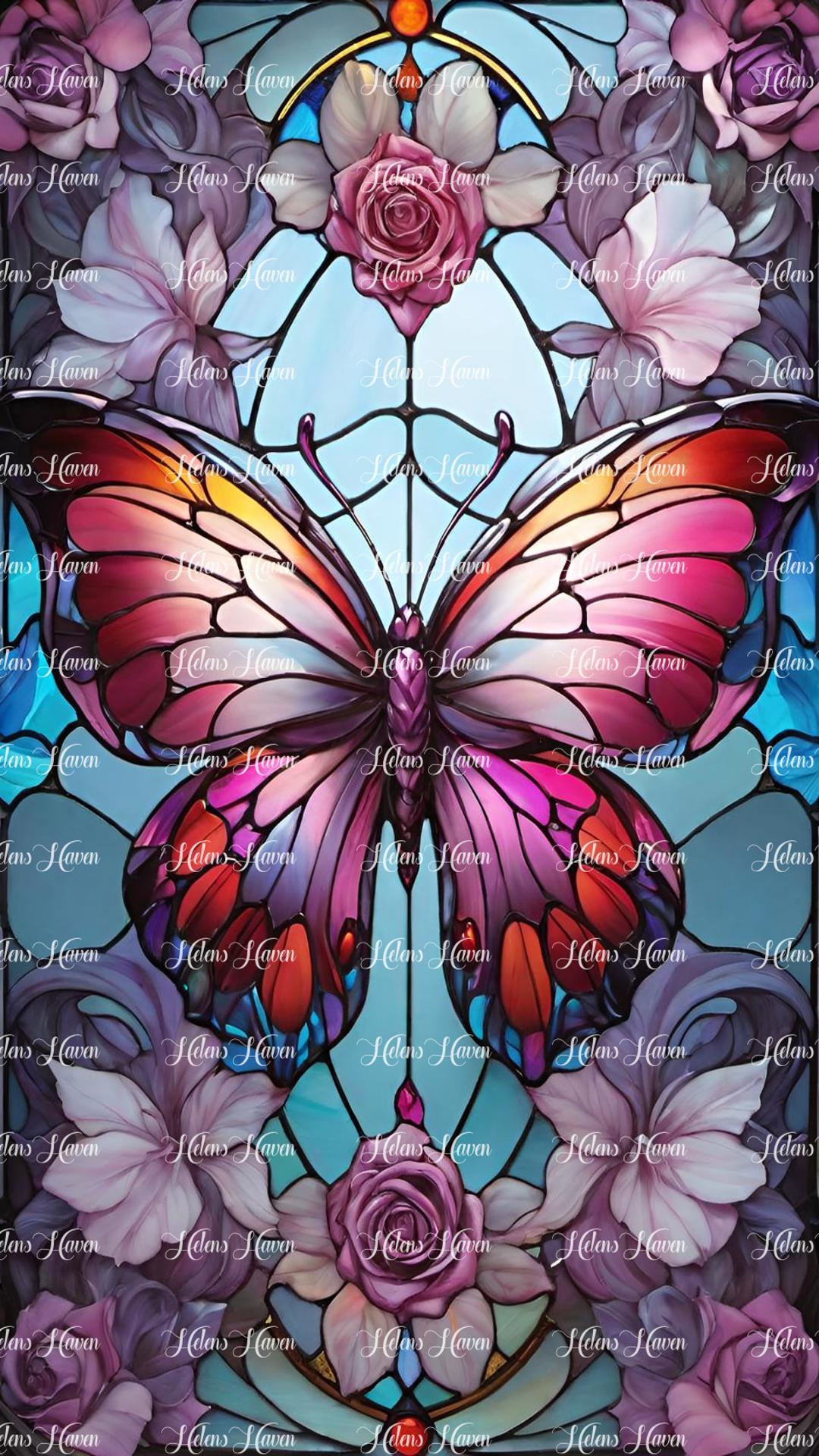 Stained Glass butterfly in reds and pinks