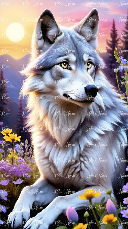 Grey wolf amid yellow flowers with the sun