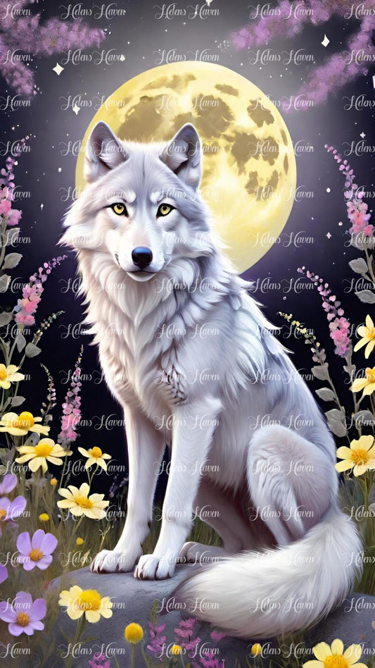 Grey wolf sitting on a rock amid yellow flowers under a full moon at night