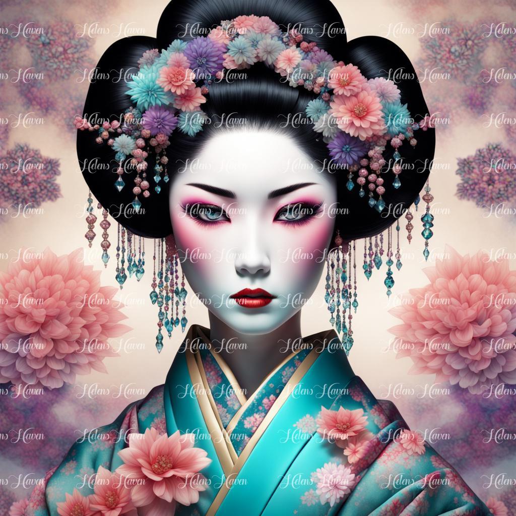 Geisha wearing a teal kimono with flowers and decorations in her hair