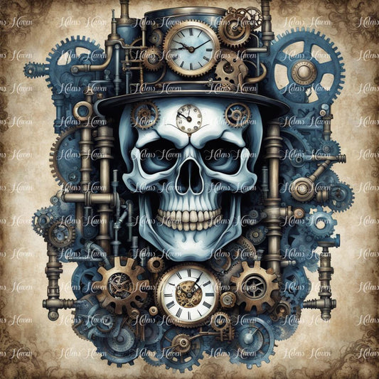 Steampunk skull with cogs, gears and pipes in bronze and blue