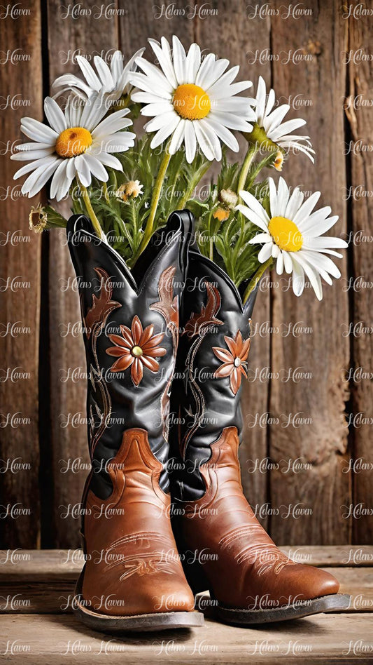 Tan cowboy boots with daisies