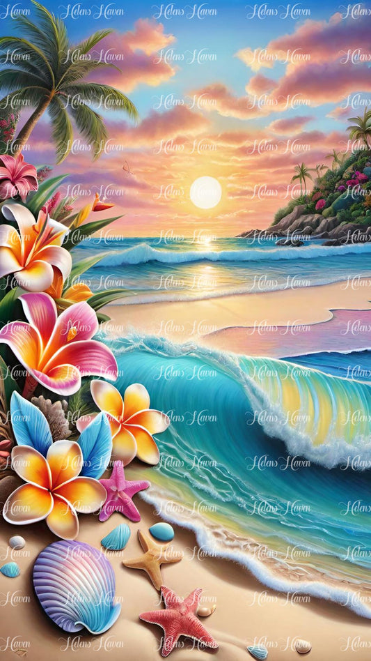 Colourful tropical beach scene with sunset