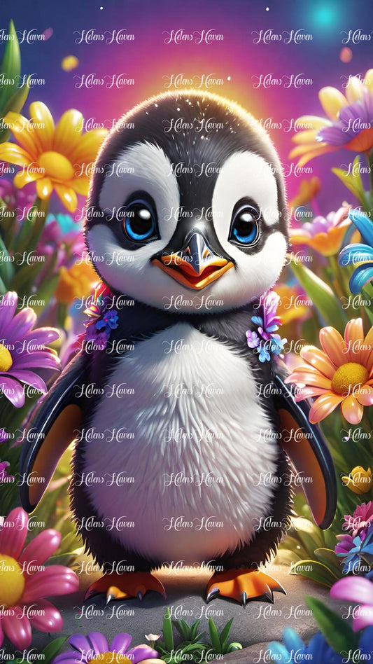 Cute baby penguin standing in flowers