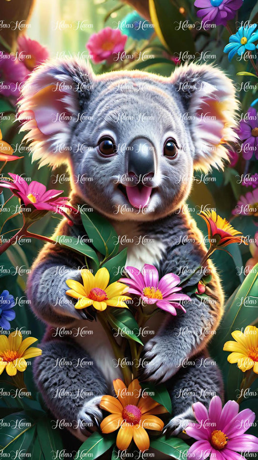 Koala holding flowers