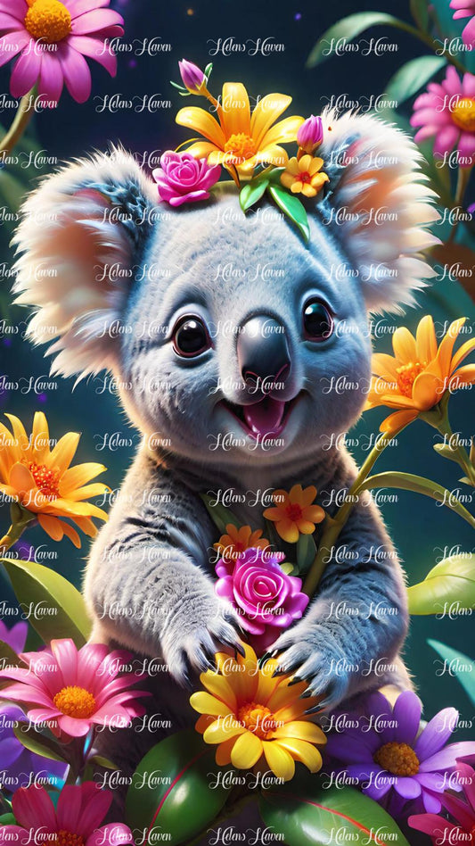 Koala sitting in flowers