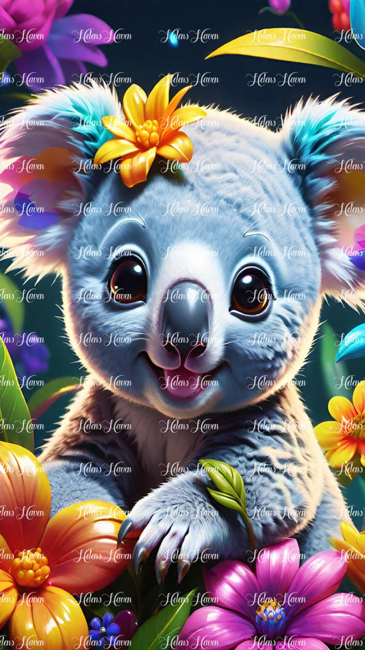 Koala with orange flower on its head