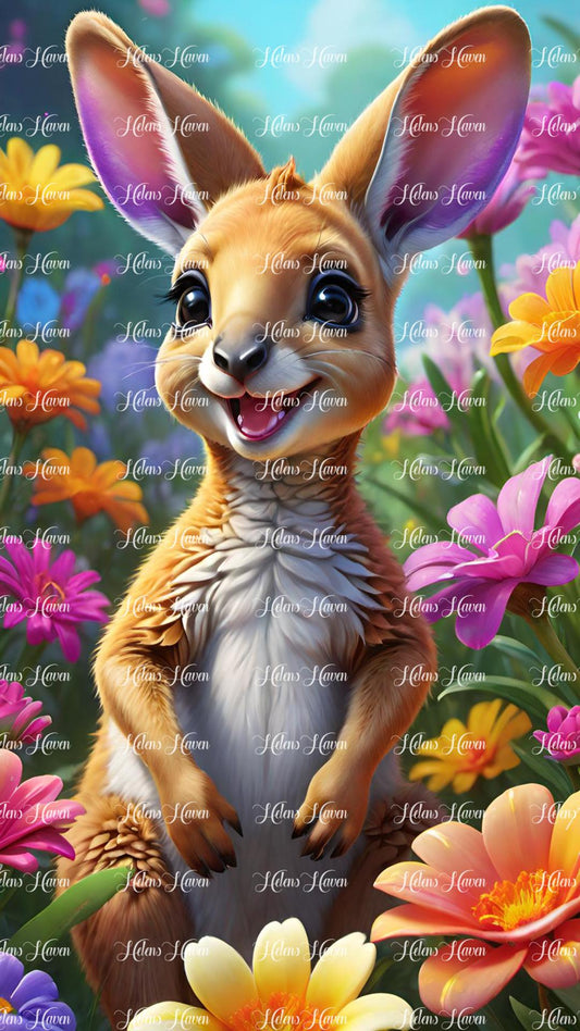 Cute baby kangaroo in flowers