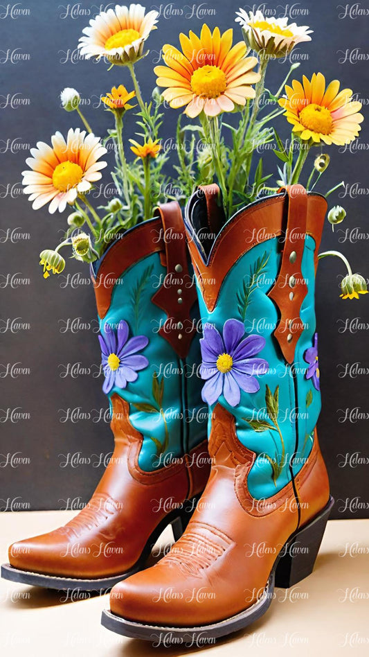 Tan and teal cowboy boots with daisies