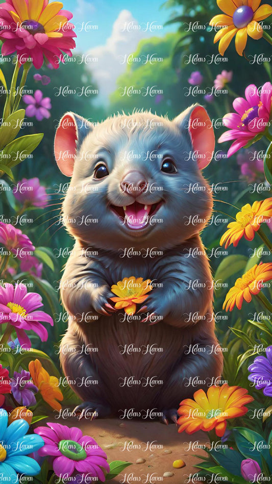 Cute baby wombat holding a flower