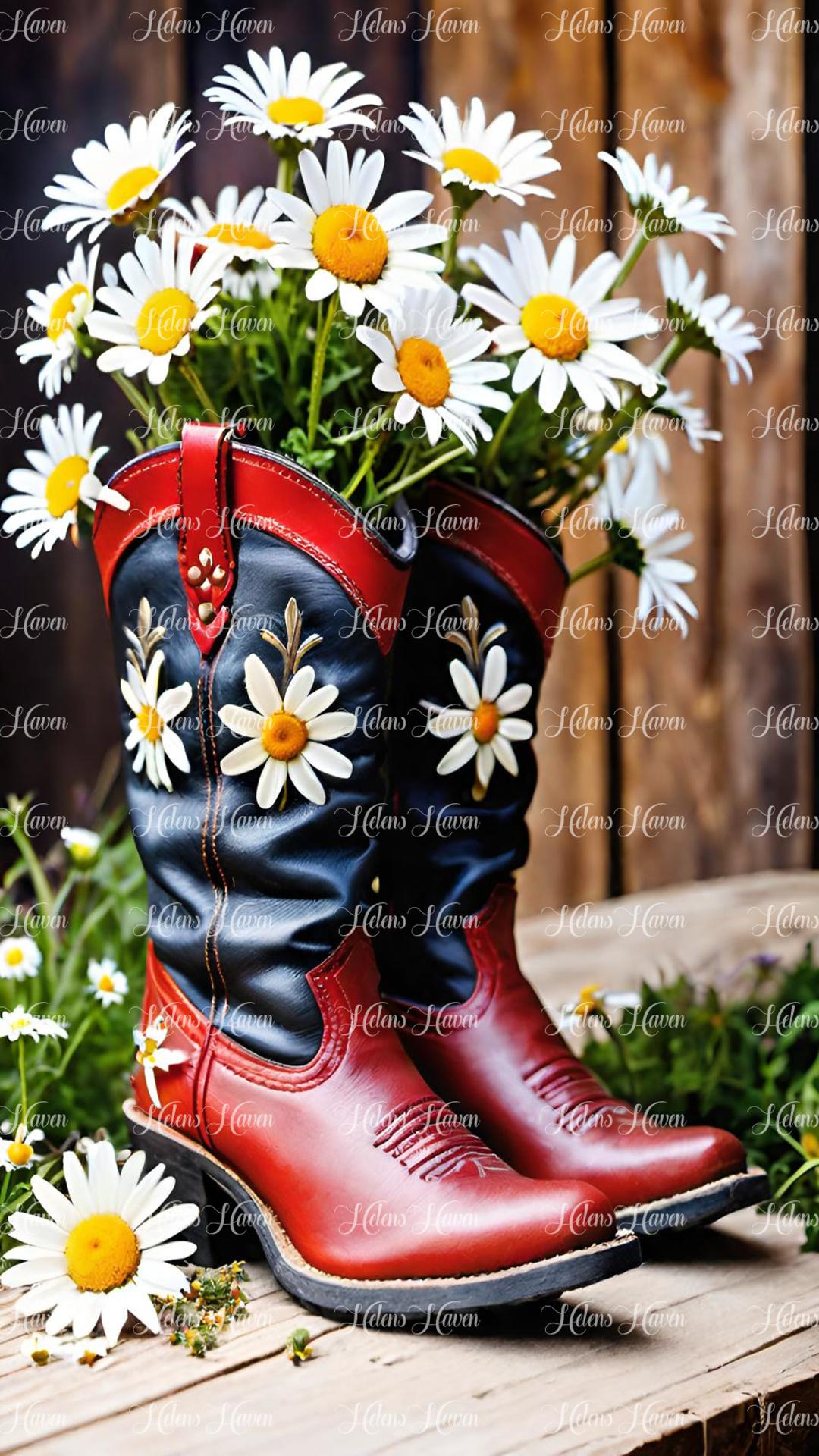 Red and black cowboy boots with daisies