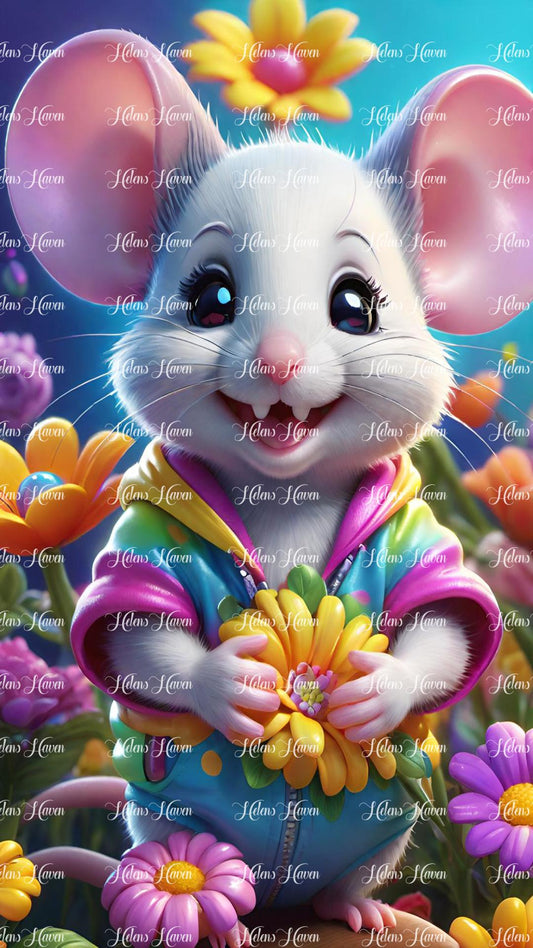 Cute mouse holding a yellow flower