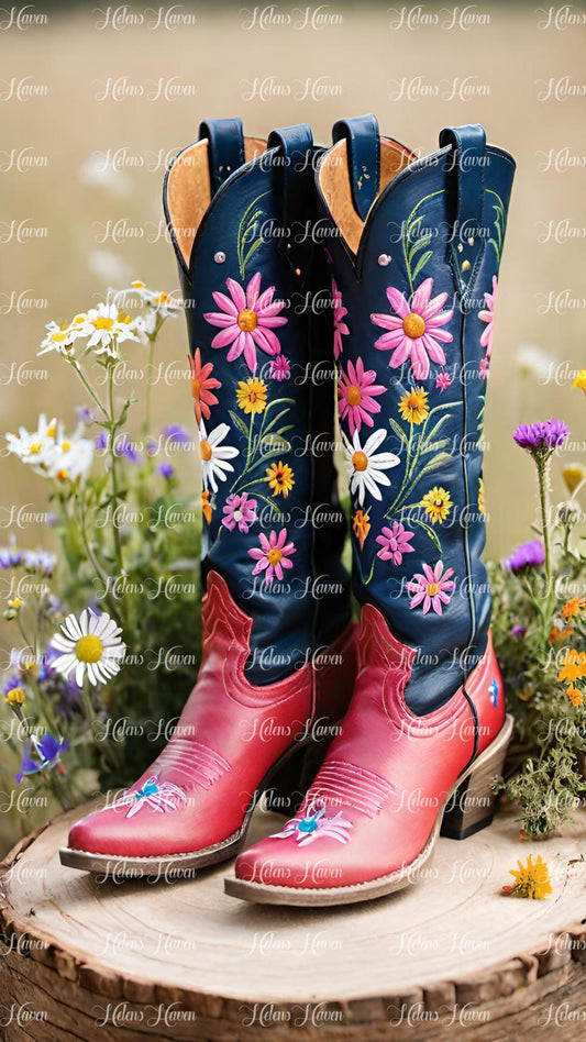 Pink and black cowboy boots and wildflowers