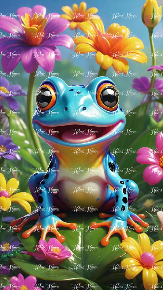 Happy blue frog in flowers