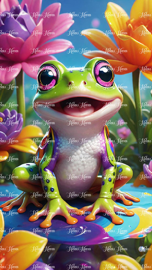 Happy green frog in flowers