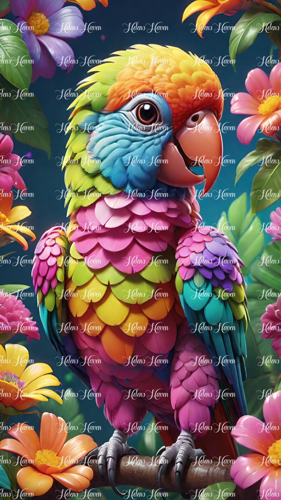 Colourful baby parrot perched on a branch