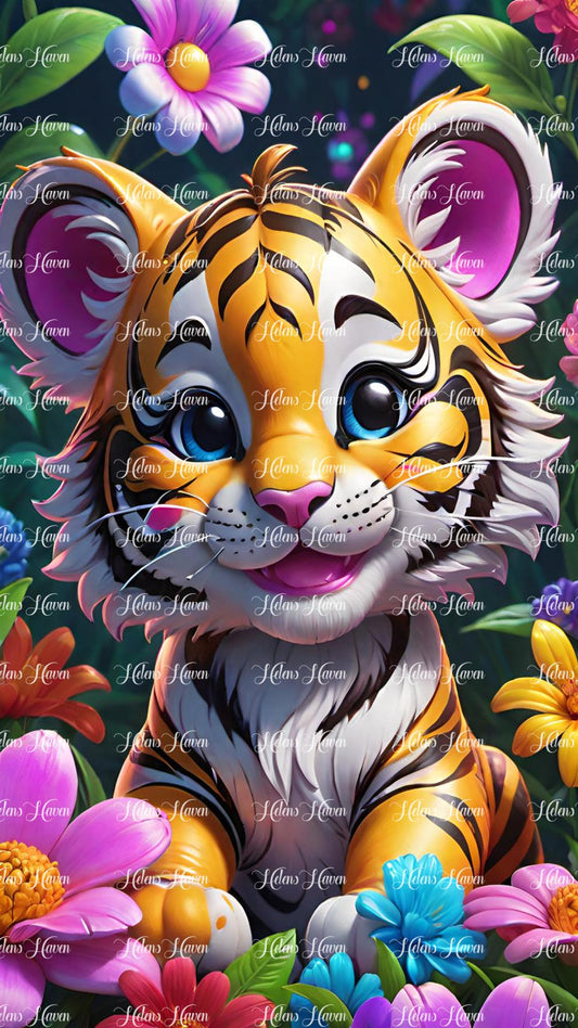 Happy baby tiger in flowers