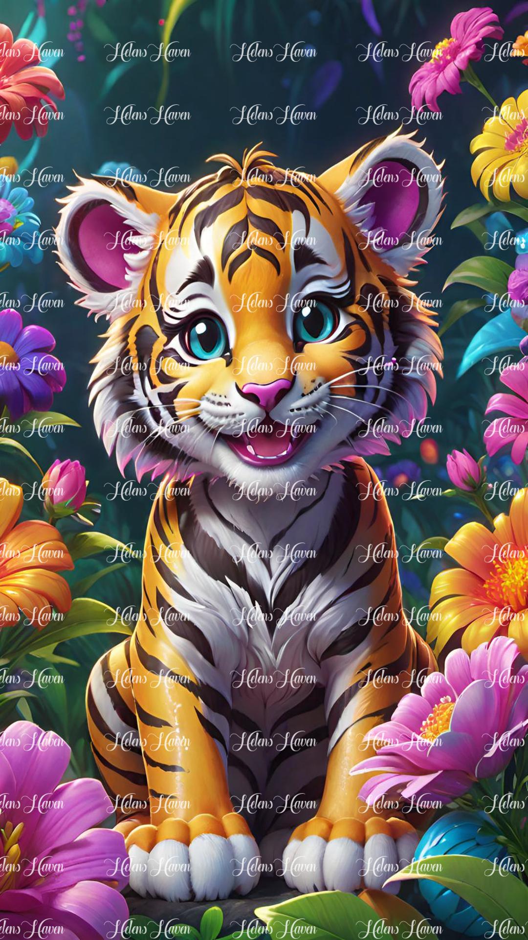 Happy baby tiger sitting up amid flowers