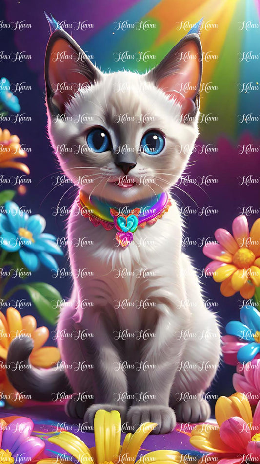 Siamese kitten sitting in flowers