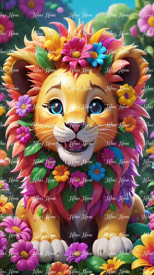 Cute baby lion with flowers in his mane