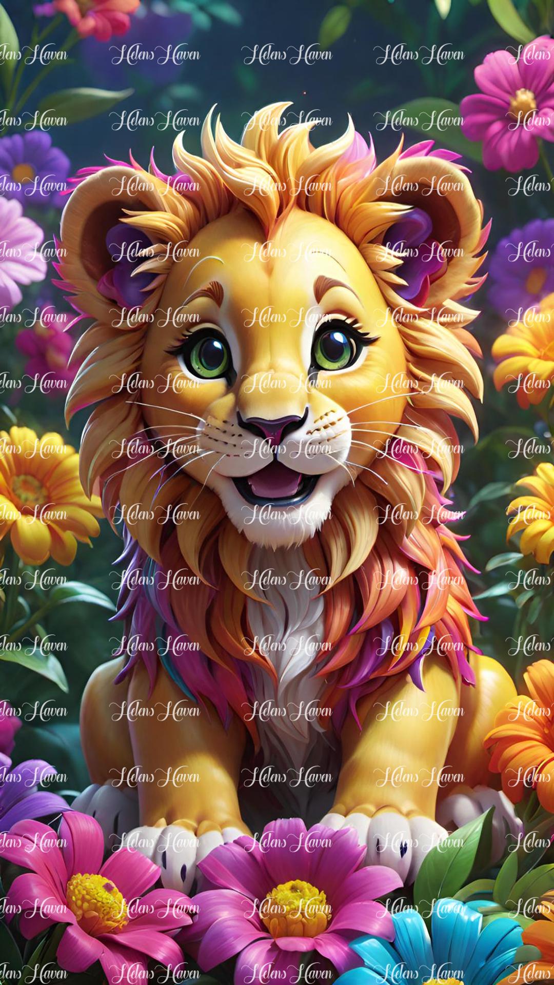 Cute baby lion in flower forest