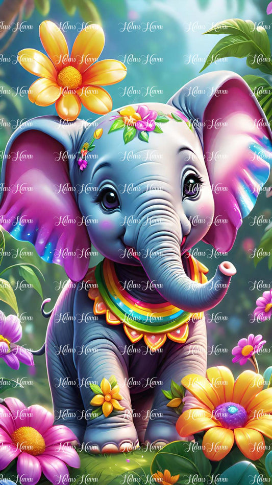 Colourful baby elephant in flower forest