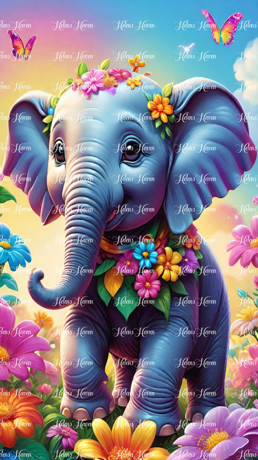 Cute baby elephant playing in flowers