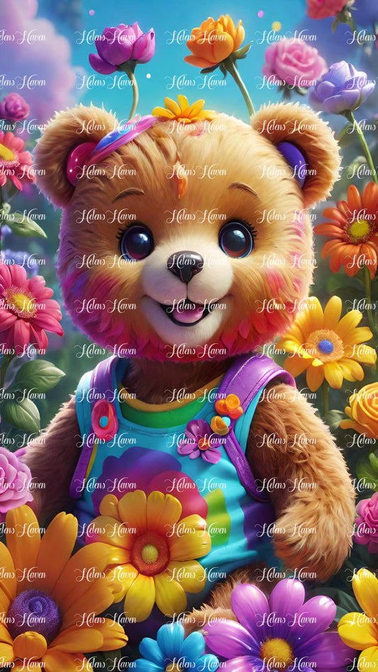 Teddy wearing colourful overalls