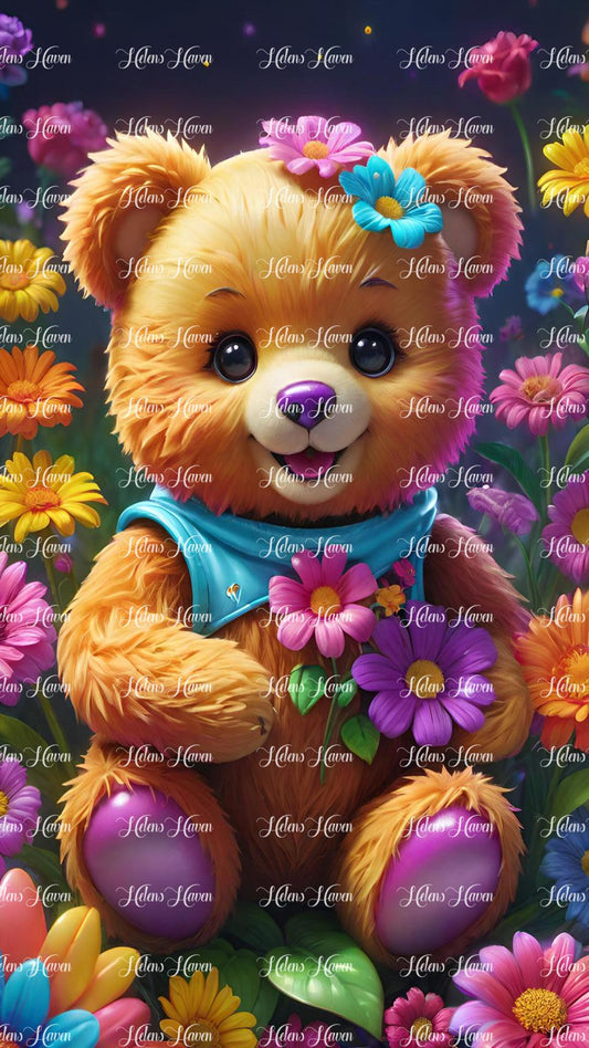 Happy teddy holding colourful flowers