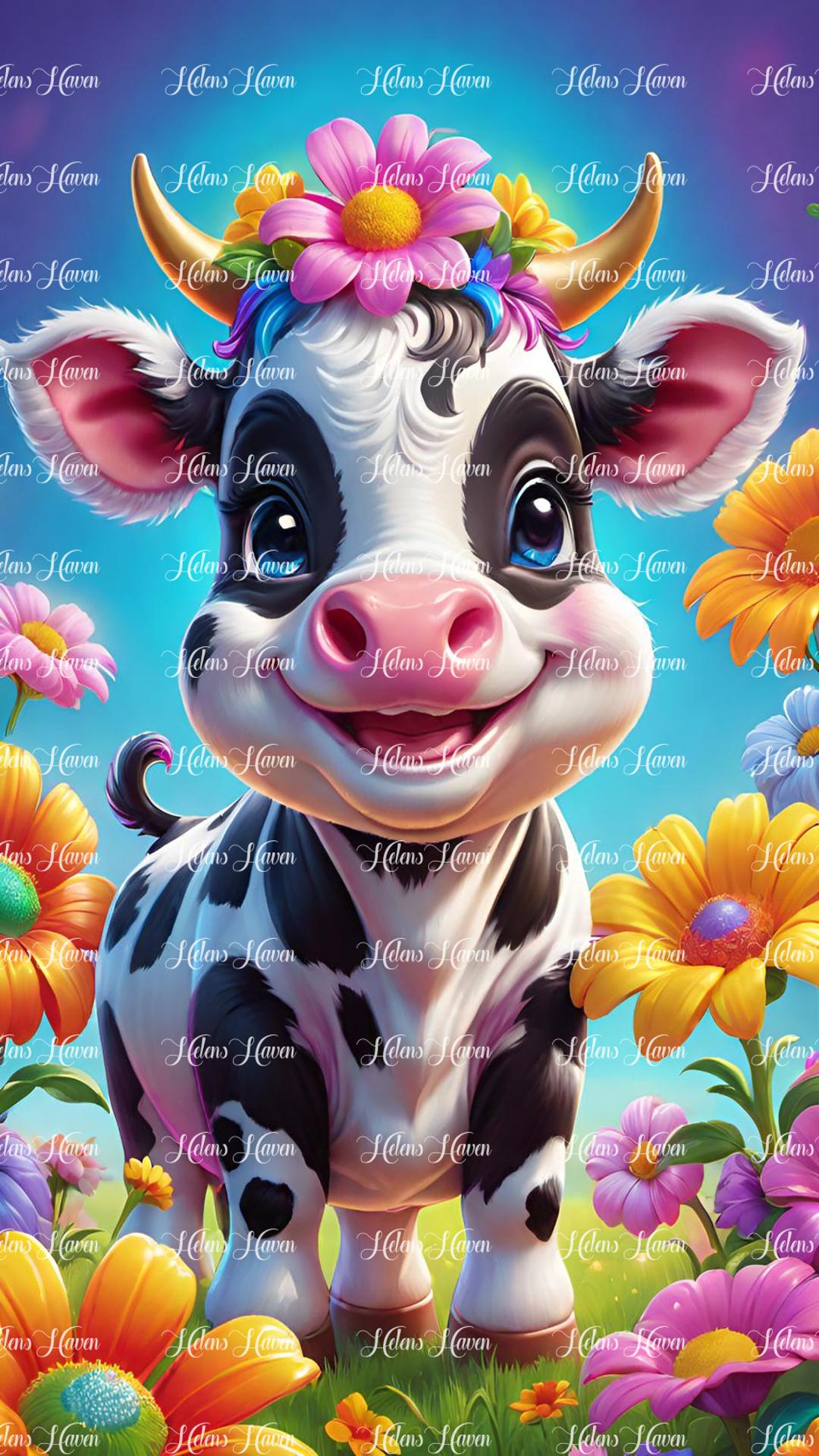 Cute cow in flowers