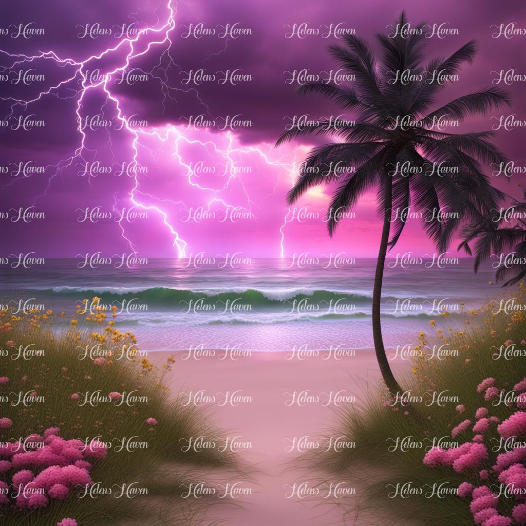 A stormy beach scene with purple sky and lightning