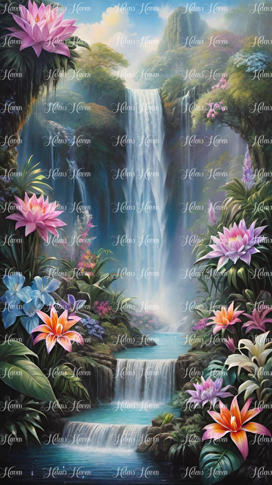 Fantasy waterfall with flowers