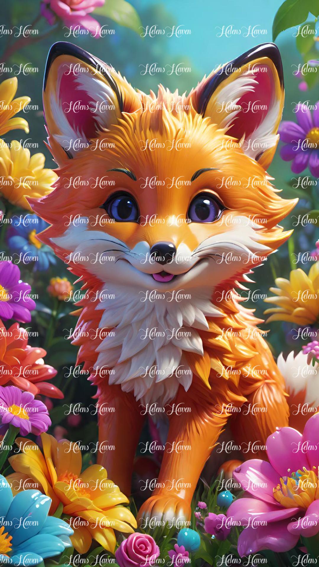Cute baby fox in flowers