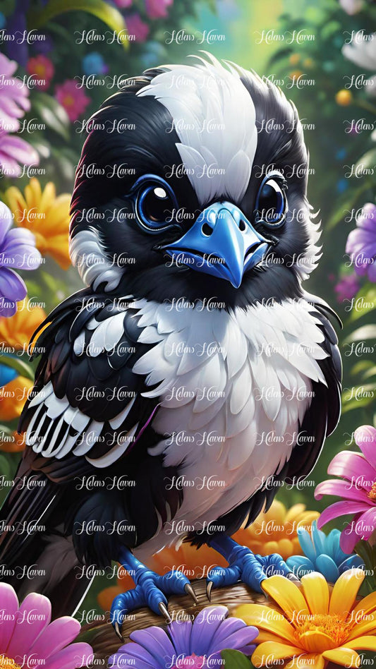 Cute black and white magpie sitting in flowers