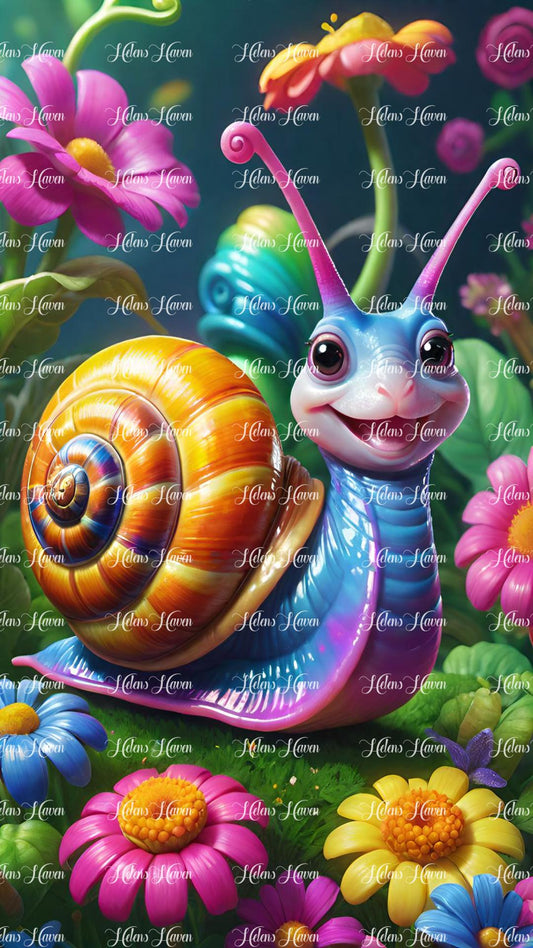 Happy snail amid flowers