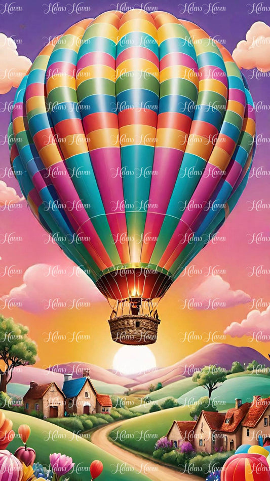 Colourful hot air balloon over mountains