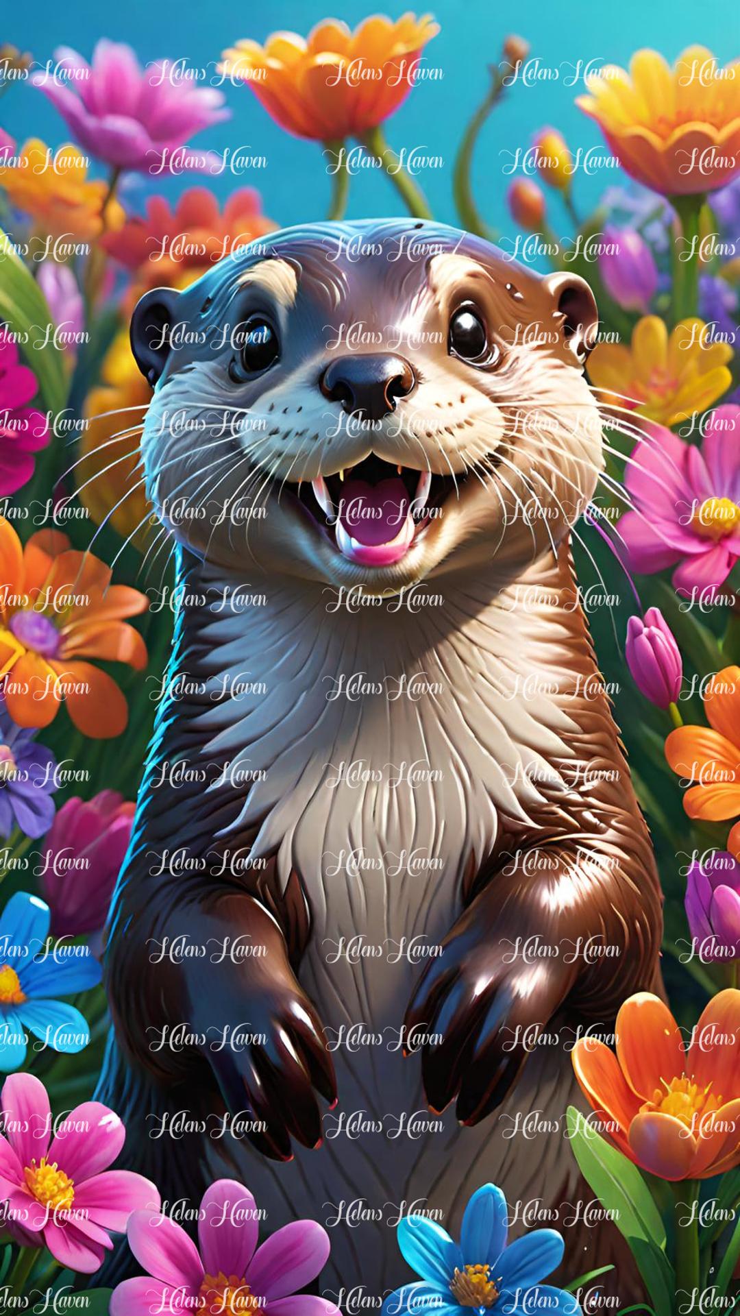 Happy brown and white otter in flowers